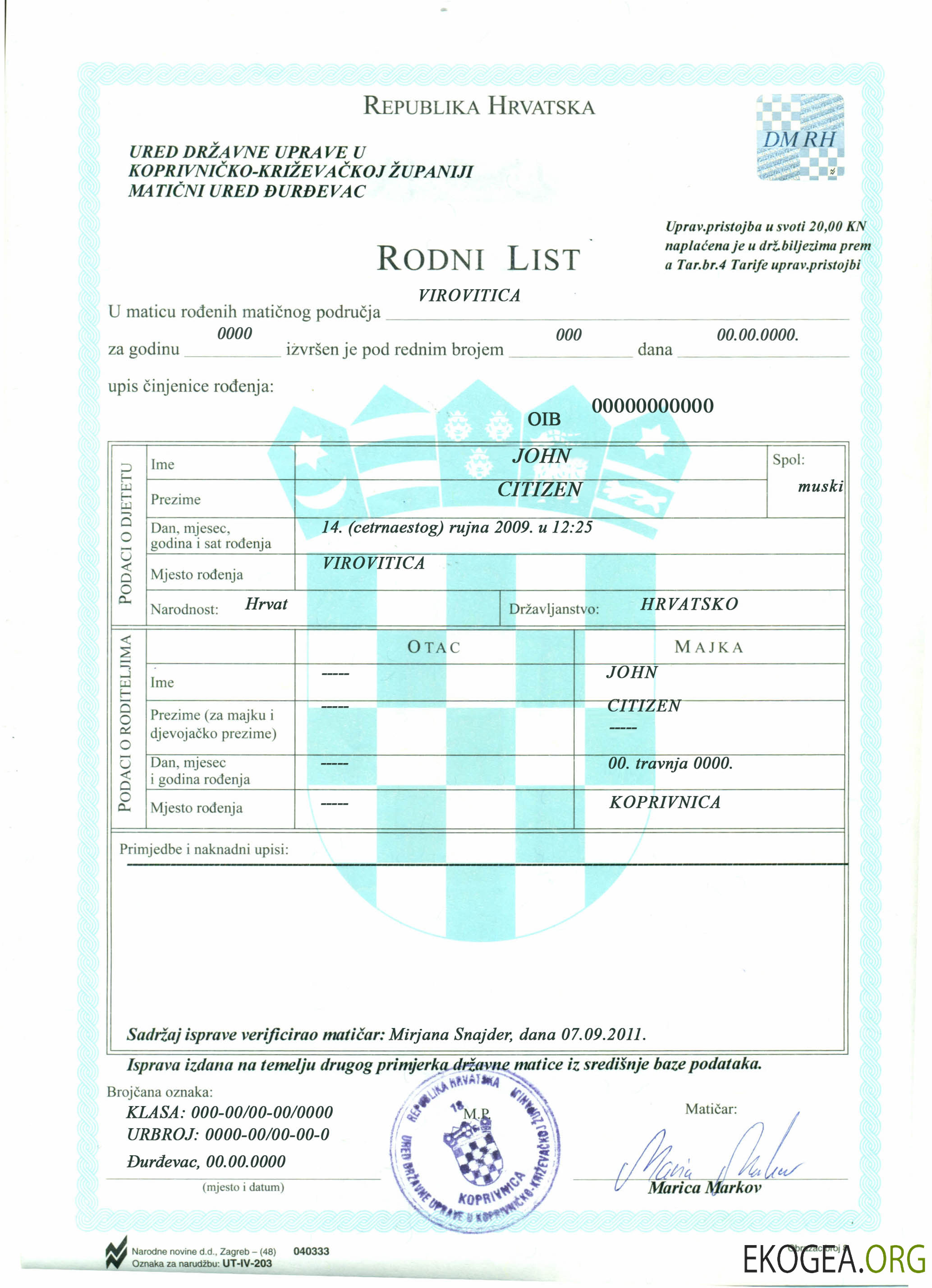 Acte de naissance en Croatie